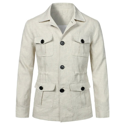 Mens Coats Safari Jacket Linen British Retro Gentry Suit Pockets Outerwear Fashion Solid Color Male Tops