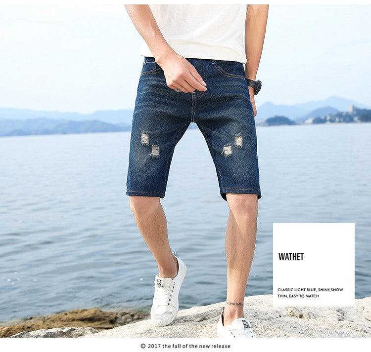New Summer Men's Personalized Washable Perforated Denim Short Pants Male Casual Straight Short Jeans