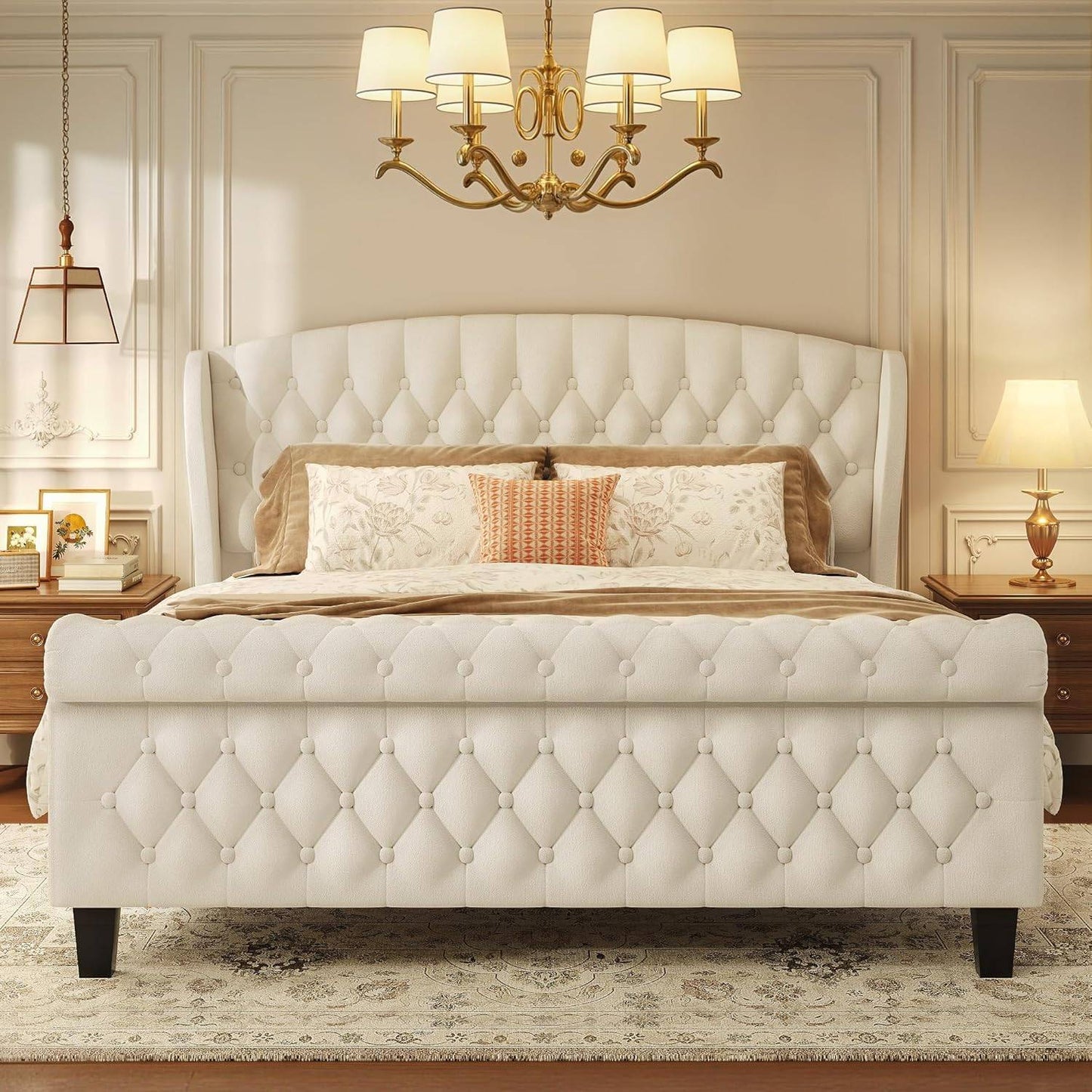 Cama Queen, Estrutura de Cama Estofada em Veludo de 99cm de Altura com Cabeceira e Peseira em Sleigh, Não Requer Box Spring,
