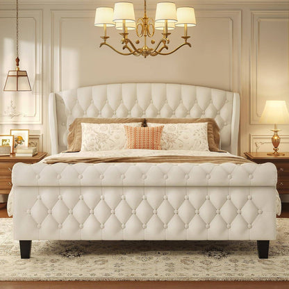 Cama Queen, Estrutura de Cama Estofada em Veludo de 99cm de Altura com Cabeceira e Peseira em Sleigh, Não Requer Box Spring,
