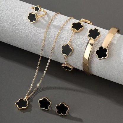 Conjunto 5 peças Pulseiras Femininas Coloridas de Esmalte com Flor de Ameixa Colar Brincos Flor de Cinco Folhas da Sorte Joias Elegantes para Festas Presentes