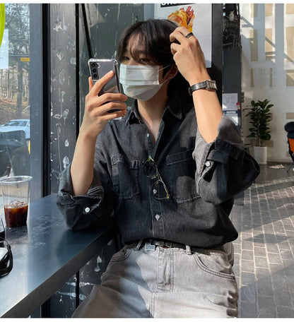 Spring Clothing Men's Denim Long-sleeved Pocket Shirt Casual Korean Turn down Button Streetwear Light Luxury Stylish 2025 New