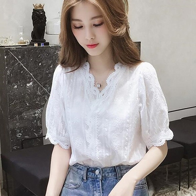 Women's Shirt Lace Hollow Out Sweet Loose White V-Neck Blouse Half Sleeves Solid Blouse Shirt