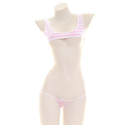 2025 Striped Halter Micro Bikini Set Lolita Kawaii Swimsuit Backless String Tied Bathing Suit