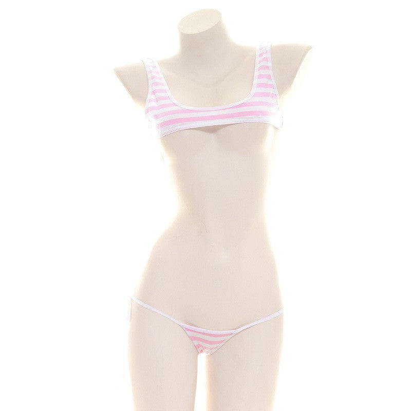 2025 Striped Halter Micro Bikini Set Lolita Kawaii Swimsuit Backless String Tied Bathing Suit