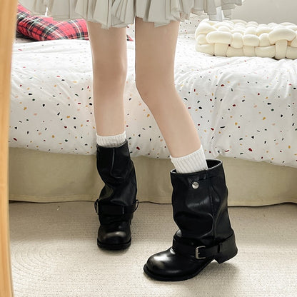 Vintage Thick Heel Women Western Cowboy Boots Fashion Belt Buckle Slip On Shoes Ladies Pleated Short Booties Autumn Winter