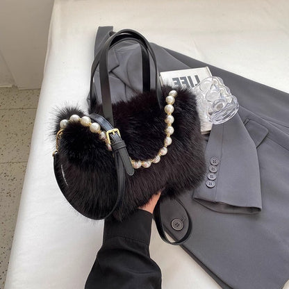 Winter Fashion Faux Fur Crossbody Bags for Women's Gift, Pearl Chain Decor Shoulder Bag, Ladies Handbags Top-handel Bag