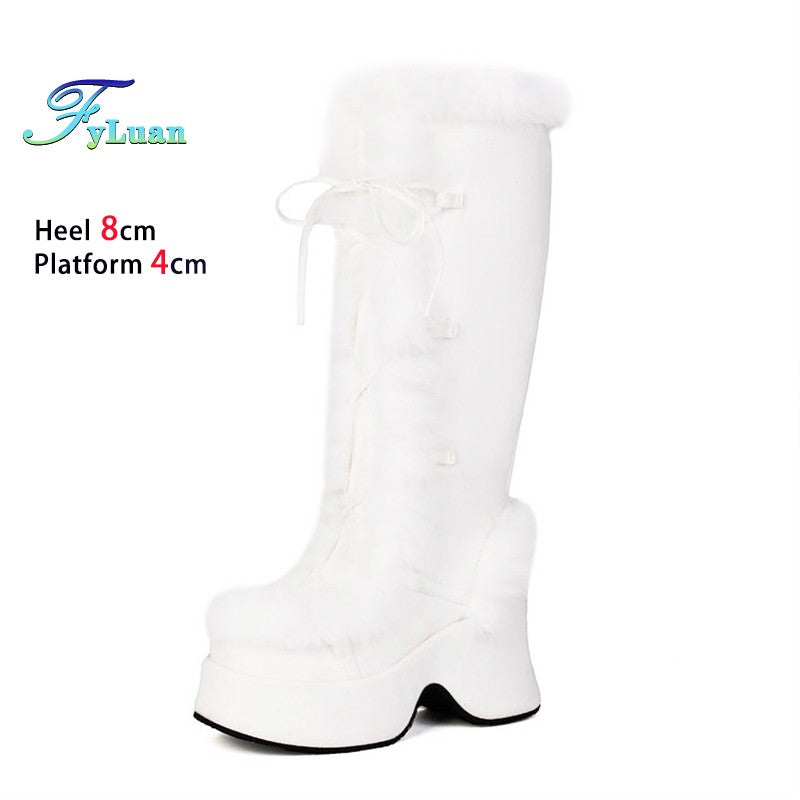 8CM Chunk Heels Winter Warm Knee High Boots Women Snow Short Plush Platform Boots Faux Fur Cosplay Lace-up Long Shoes Size 34-43