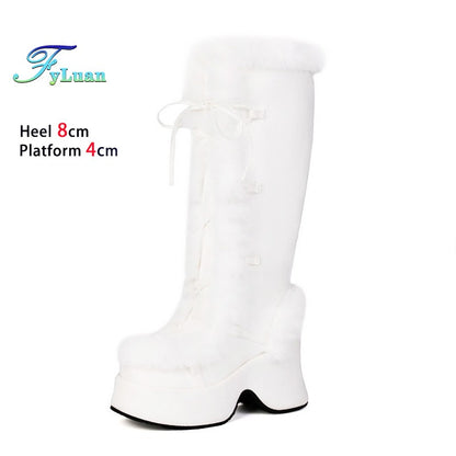 8CM Chunk Heels Winter Warm Knee High Boots Women Snow Short Plush Platform Boots Faux Fur Cosplay Lace-up Long Shoes Size 34-43
