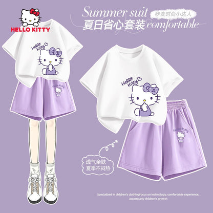 Sanrio Summer Baby Girls 100% Cotton Clothes Set Kid Children Cute Hello Kitty Printed Short Sleeve T-shirts Top And Shorts Suit