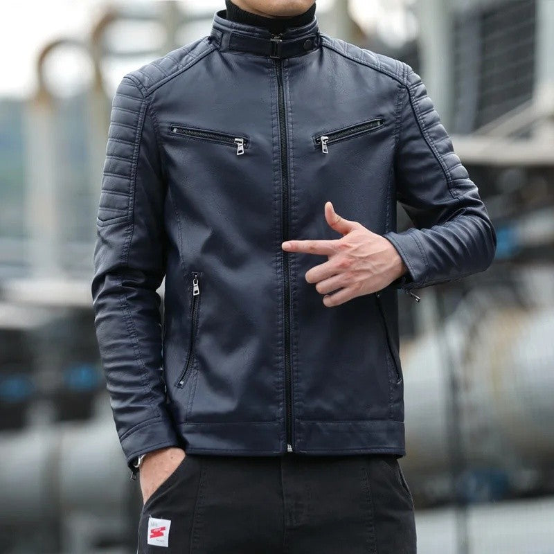 Men's Fleece Lined Biker Jacket Stand Collar Casual Versatile Spring Autumn Leather Coat for Students Fashionable Outerwear