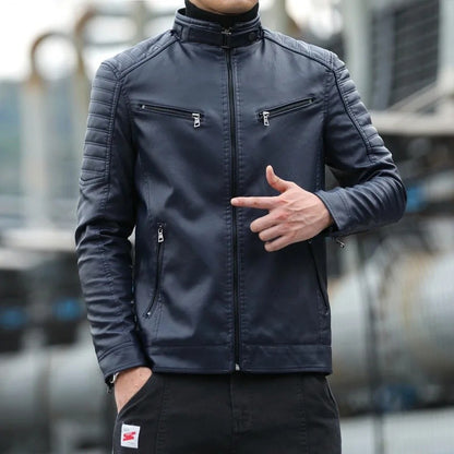 Men's Fleece Lined Biker Jacket Stand Collar Casual Versatile Spring Autumn Leather Coat for Students Fashionable Outerwear