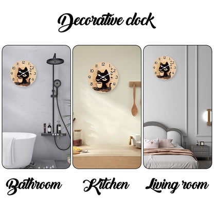 Retro Cute Black Cat Drinking Coffee Pattern Wooden Wall Clock Living Room Bedroom Kitchen Home Decoration Wall Clock Silent Quartz Clock Holiday Gift 10 Inches 12 Inches 14 Inches 16inch (Without Batteries)