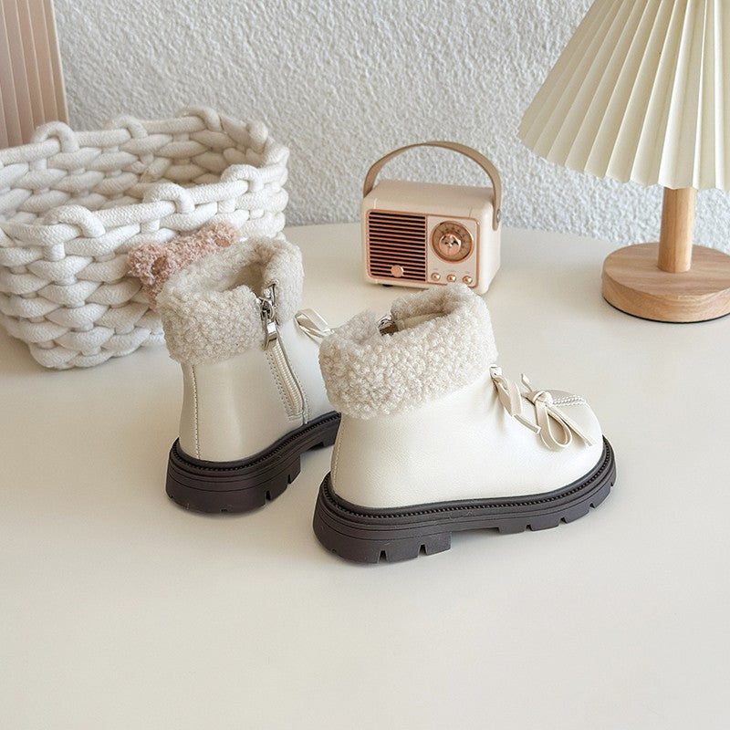 Girls Padded Fashion Leather Boots 2-18 Years Old Thickened Bow Hairy Girls Cotton Shoes Winter Beige Soft Non-slip Kids Boots