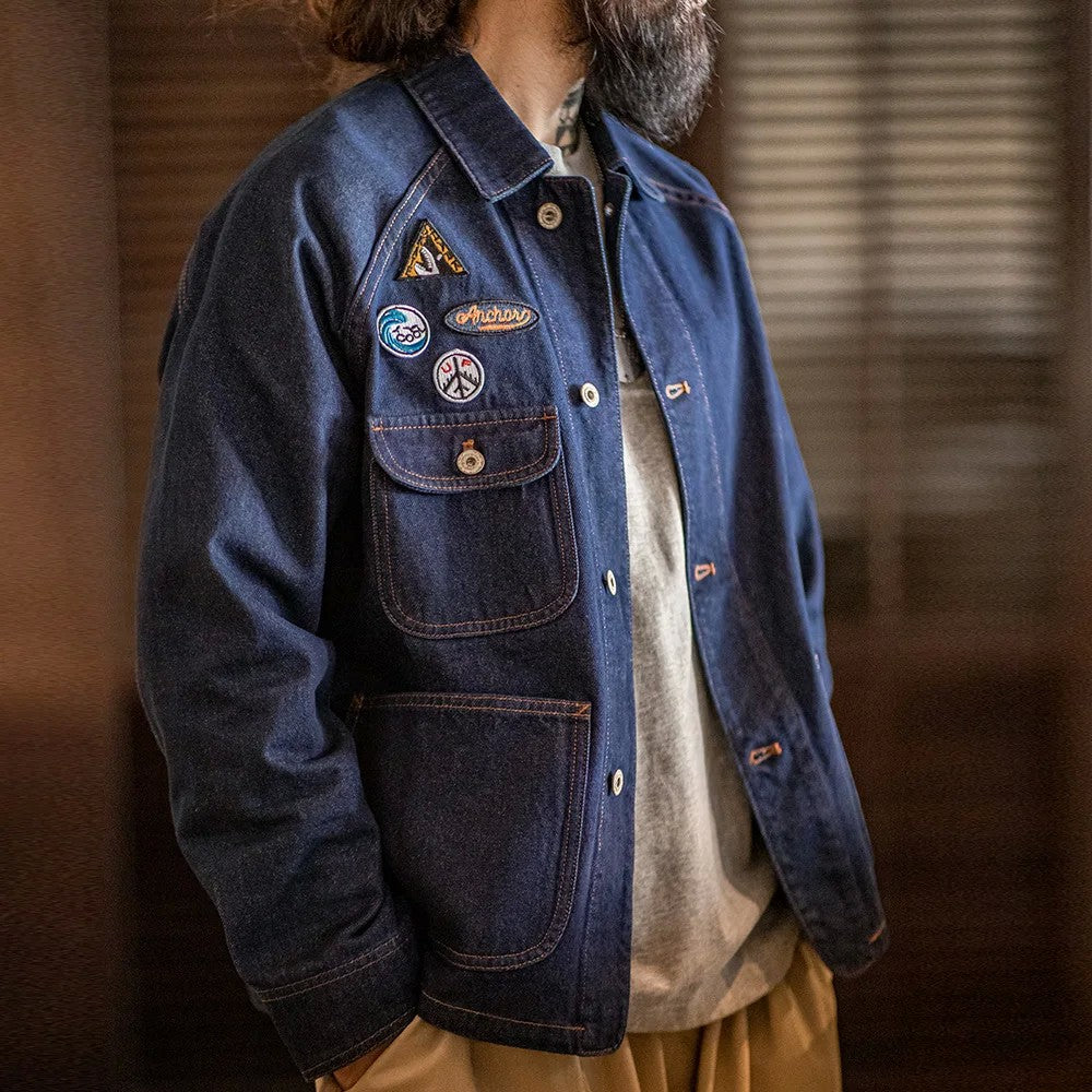 Maden Vintage 12.8oz Heavyweight Denim Jacket Embroidered Badge Washed Lapel Casual Outerwear for Men Spring and Fall Chore Coat