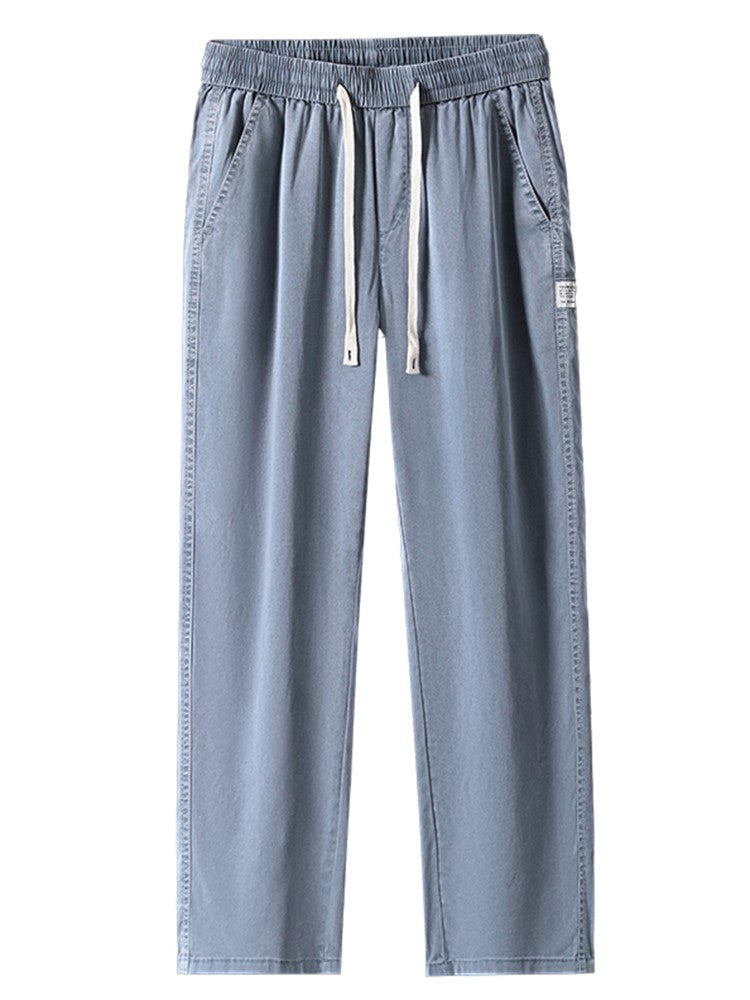 Calça Masculina de Verão Leve Fina Solta Reta Perna Larga Popular com Cordão na Cintura Elástica Coreana Tecido Lyocell Calças Folgadas