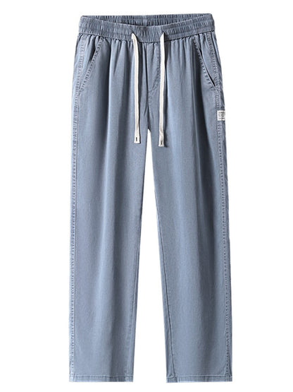 Calça Masculina de Verão Leve Fina Solta Reta Perna Larga Popular com Cordão na Cintura Elástica Coreana Tecido Lyocell Calças Folgadas