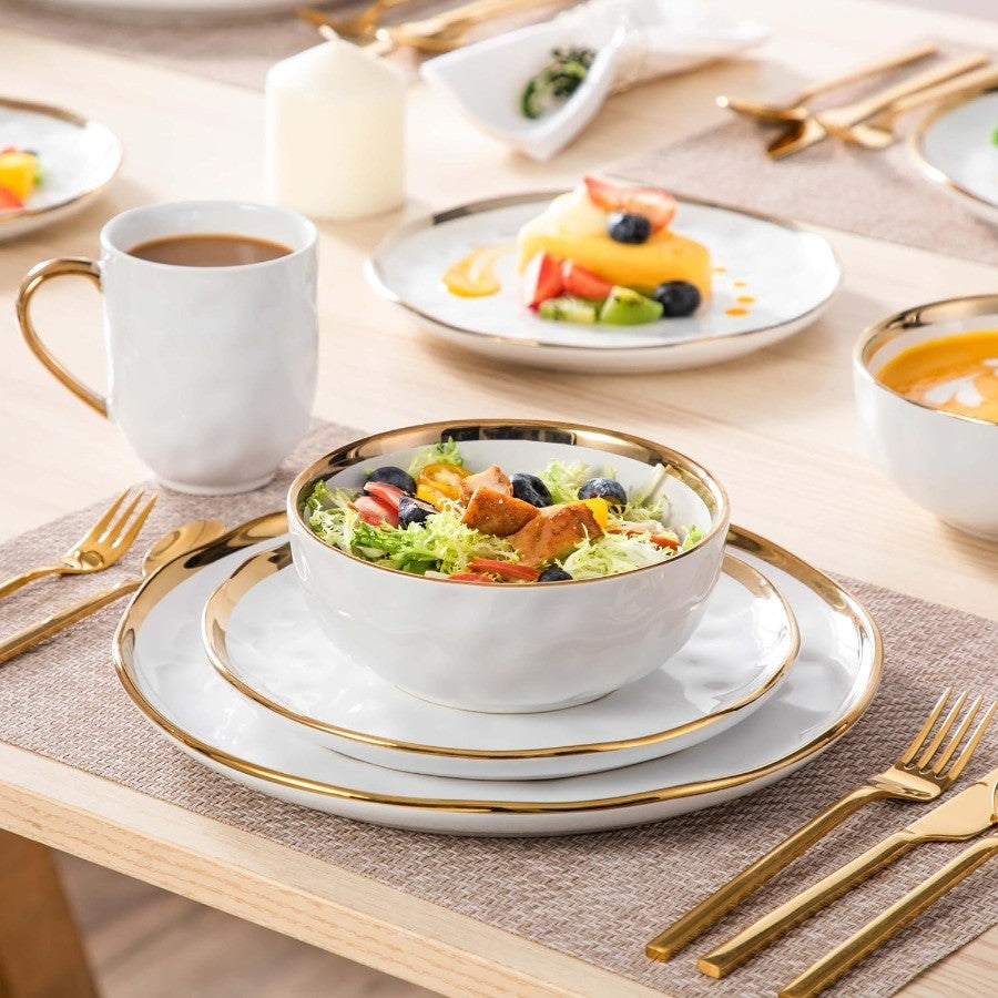 16 Pieces Plates and Bowls Sets Porcelain White and Gold Dinnerware Sets Round Dinner Plates Dishes Set Service for 4 Dishwashe