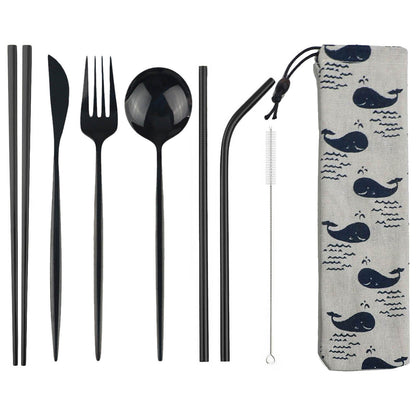 Conjunto de Talheres de 8 Peças Portátil para Viagem, Azul, Faca, Garfo, Colher, Hashis e Canudo de Aço Inoxidável com Bolsa