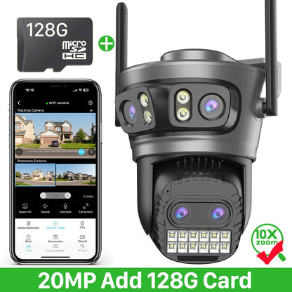 20MP 10K PTZ Wifi Camera Four Lens 10X Zoom Surveillance Camera Outdoor 360°No Dead Angle Ultra Long Range Night Vision Security