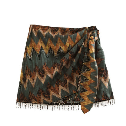 KEYANKETIAN  New Vintage Geometric Print Mini Skirt Knotted Sarong Beaded Fringe Wrap Vestidos Casual Zip Short Skort Mujer
