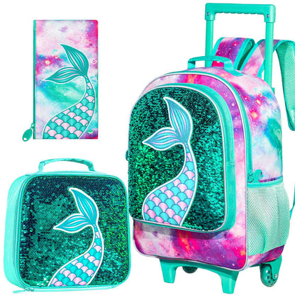Mochila de Rodinhas 3 Peças para Meninas e Meninos, Bolsa Escolar com Rodas para Crianças, Mochila com Rodas com Lancheira