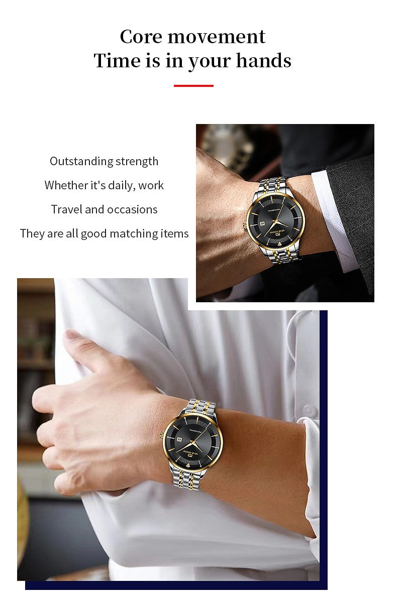 2024 New Men Watch Stainless Steel Business Style Luxury Rhinestone 43mm Blue Gold Quartz Movement Wristwatch Relogios Masculino