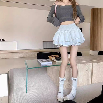 Mini Skirt Cute Sexy Balletcore Elastic High Waist Ball Gown Ruffle Patchwork Lo