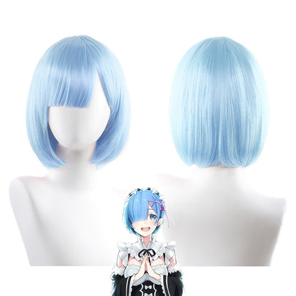 High-Quality Anime Ram Rem Cosplay Synthetic Hair 12-Inch Blue And Pink Short Halloween Daily Party Heat-Resistant Wig Natural