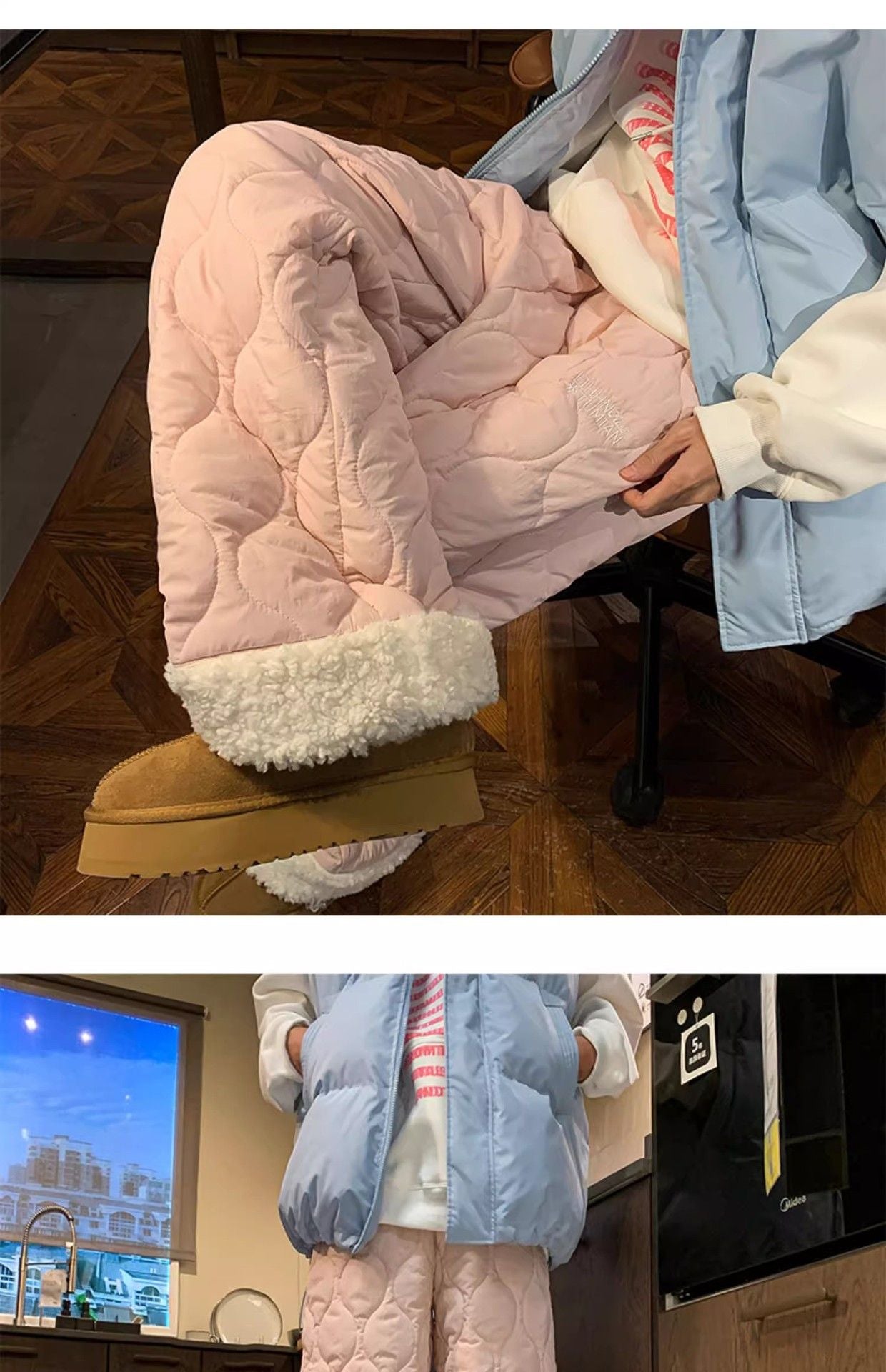 Heavy Winter Cotton Waterproof Splicing Lamb Fleece Cotton Pants for Men and Women, Solid Color Diamond Grid Embroidered Clip Co