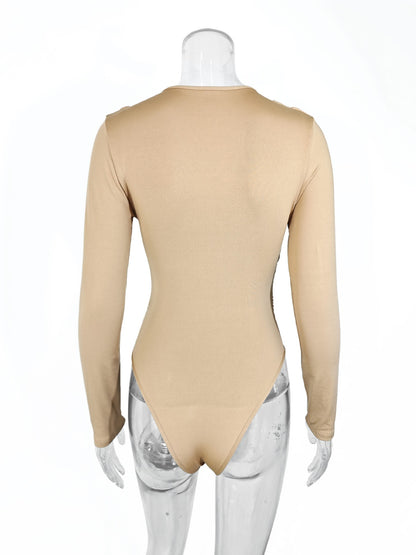 2025 Spring Autumn Deep V Neck Long Sleeve Bodysuits Women Fashion Solid Slim Fit Pleated T-Shirt Casual Female Jummsuits Tops