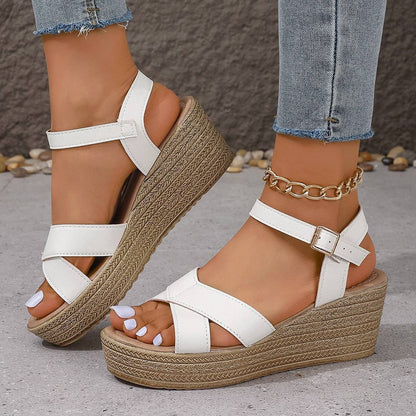 Women's White Chunky Platform Sandals Summer 2024 Buckle Strap Wedge Sandals for Woman Thick Sole Non Slip Beach Sandalias Mujer