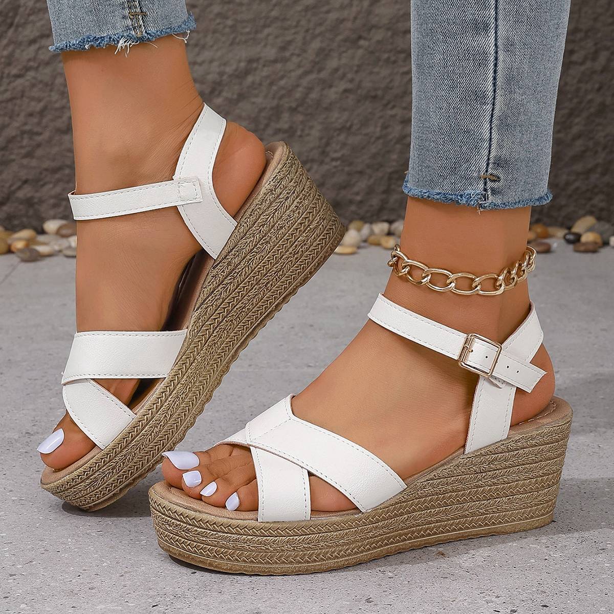 Women's White Chunky Platform Sandals Summer 2024 Buckle Strap Wedge Sandals for Woman Thick Sole Non Slip Beach Sandalias Mujer