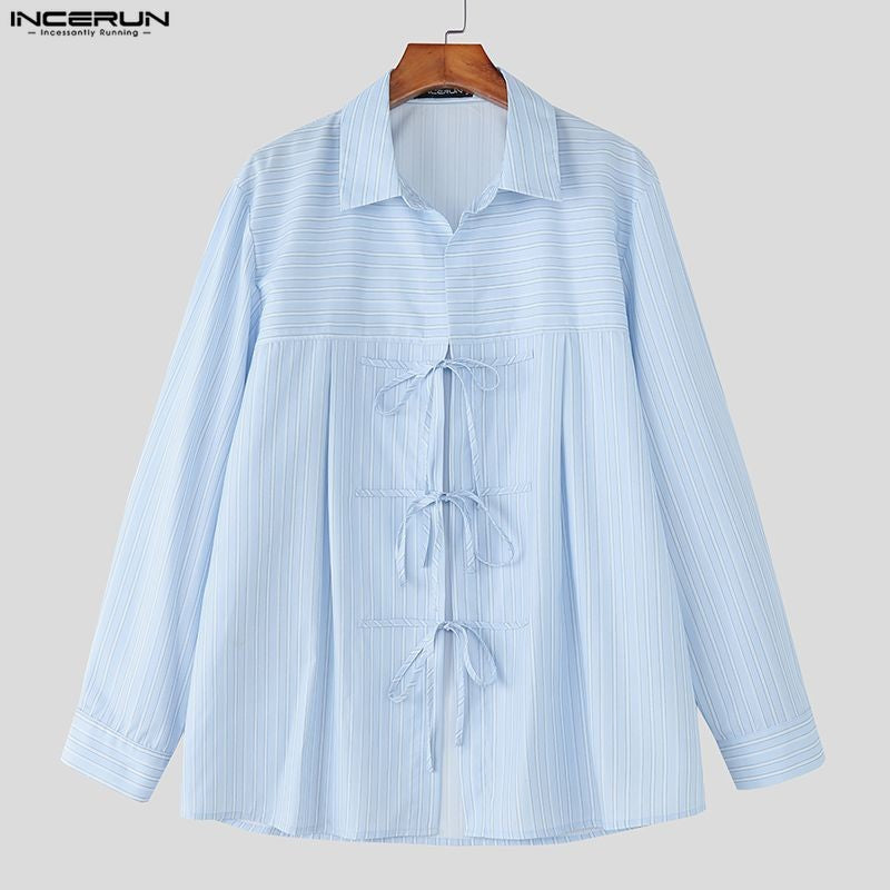 INCERUN Men Striped Shirt Lapel Long Sleeve Lace Up Hollow Out Men Clothing Oversize Korean Style Streetwear Casual Shirts Men