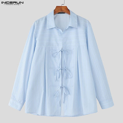 INCERUN Men Striped Shirt Lapel Long Sleeve Lace Up Hollow Out Men Clothing Oversize Korean Style Streetwear Casual Shirts Men