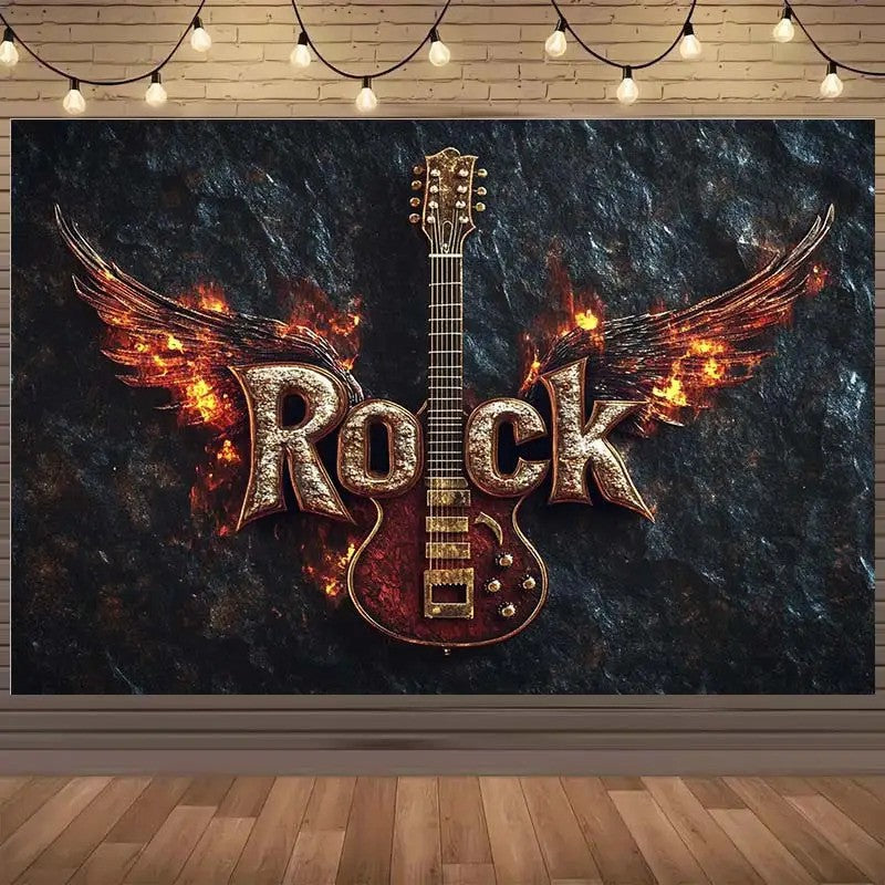 Rock Music Guitar Wall Art Flame Wings Design Band Room Decor Heavy Metal Theme 2D Flat Print Home Decoration