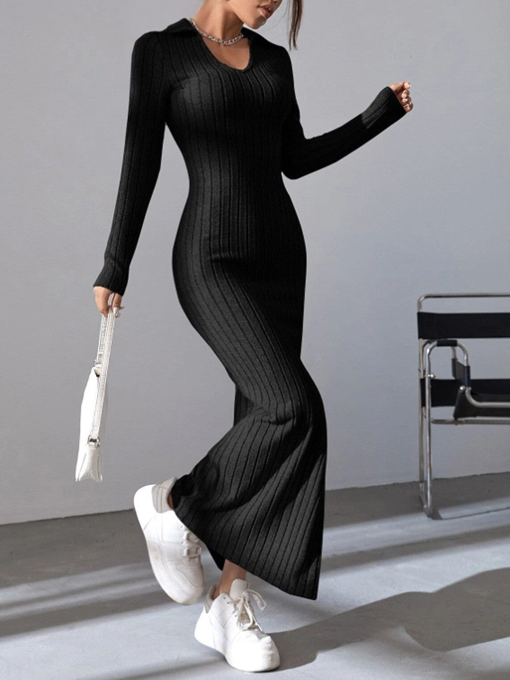 Spring and summer 2024 new style knitted slim lapel long sleeve dress pit strip solid color tight skirt
