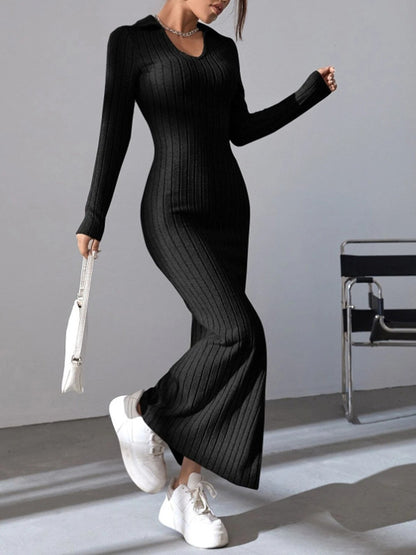 Spring and summer 2024 new style knitted slim lapel long sleeve dress pit strip solid color tight skirt