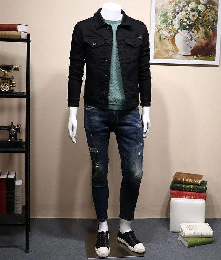 Male Jean Coats Button Autumn Men's Denim Jacket Slim Fit Black Cheap Price Stylish Winter 2024 High Quality Original Outerwear