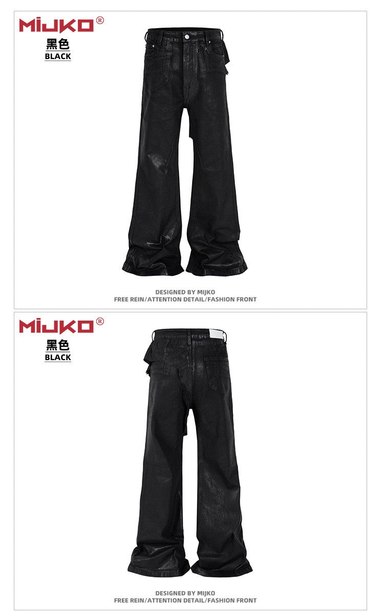 MIJKO Black Wax Leather Strecth Jeans for Men Women Baggy Flare Pants Oversized Straight Denim Trousers ZJ004