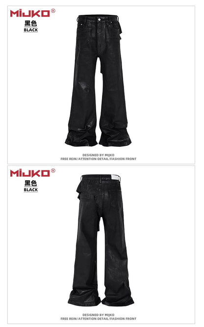 MIJKO Black Wax Leather Strecth Jeans for Men Women Baggy Flare Pants Oversized Straight Denim Trousers ZJ004