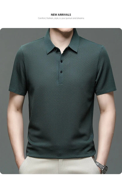Summer New Men's Lop-up Hollow Short-sleeved Polo Tee Shirt Ice Silk Breathable Business Fashion T-Shirt Male Brand Clothes