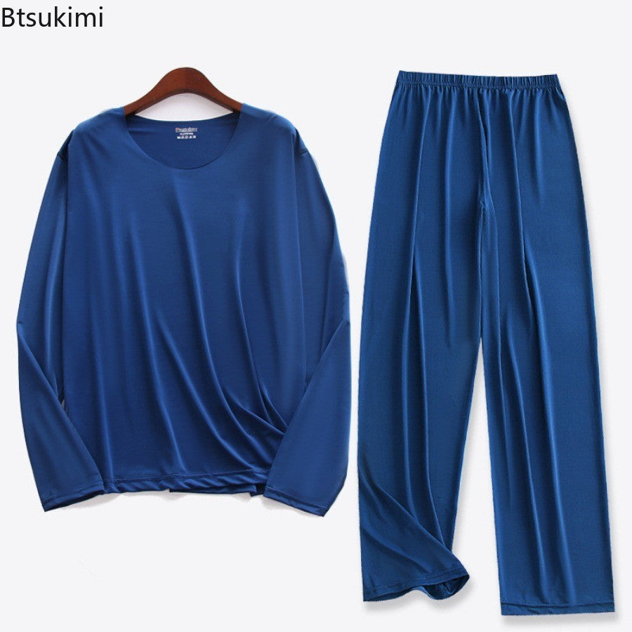 Plus Size 5XL Men Ice Silk Pajama Set Solid Long Sleeve Tops and Pants Sleepwear 2pcs Sets Soft Comfy Lounge Home Nightwear Male