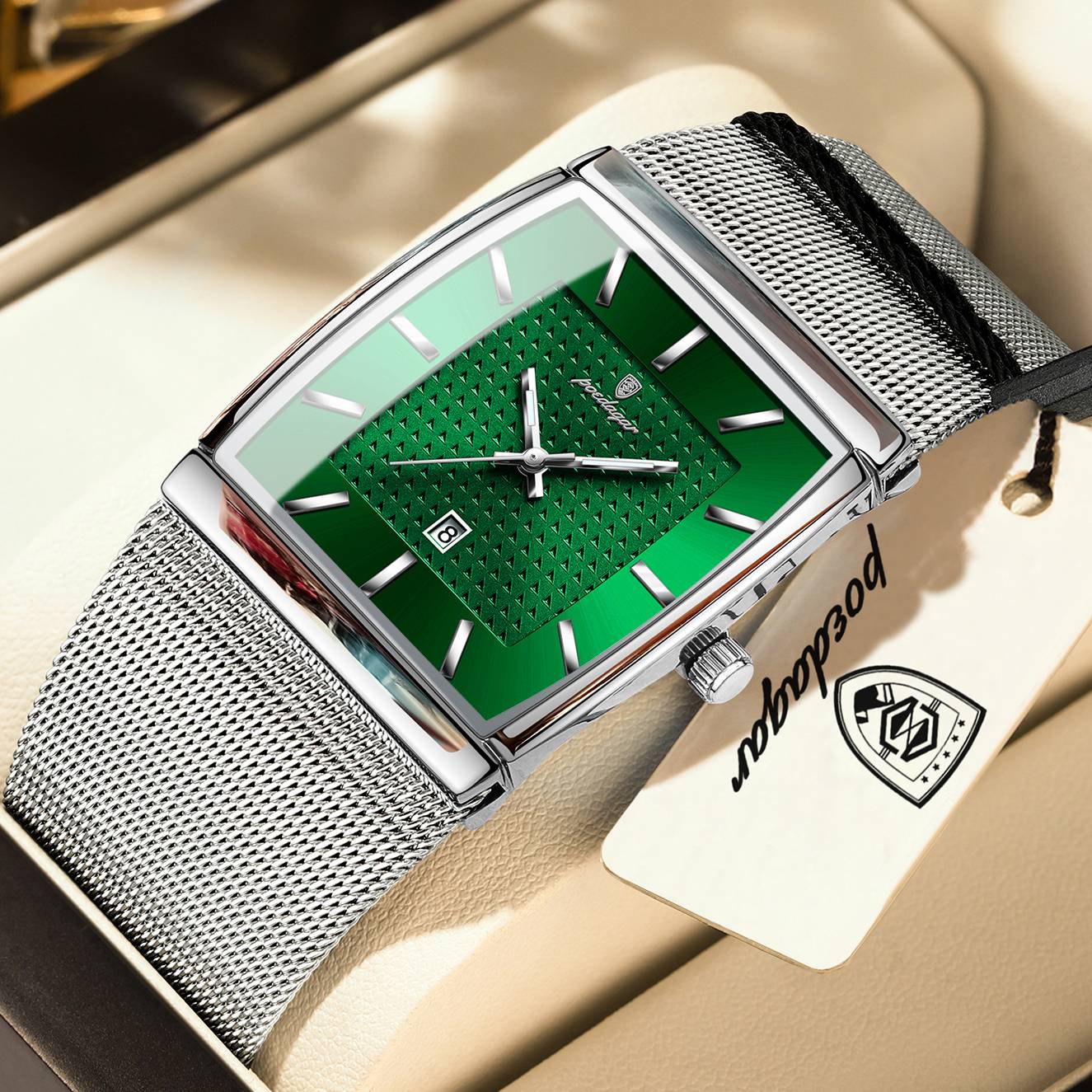 POEDAGAR Top Luxury Men Watch Stainless Steel Mesh Date Waterproof Luminous Man Wristwatch Casual Rectangle Quartz Men's Watches