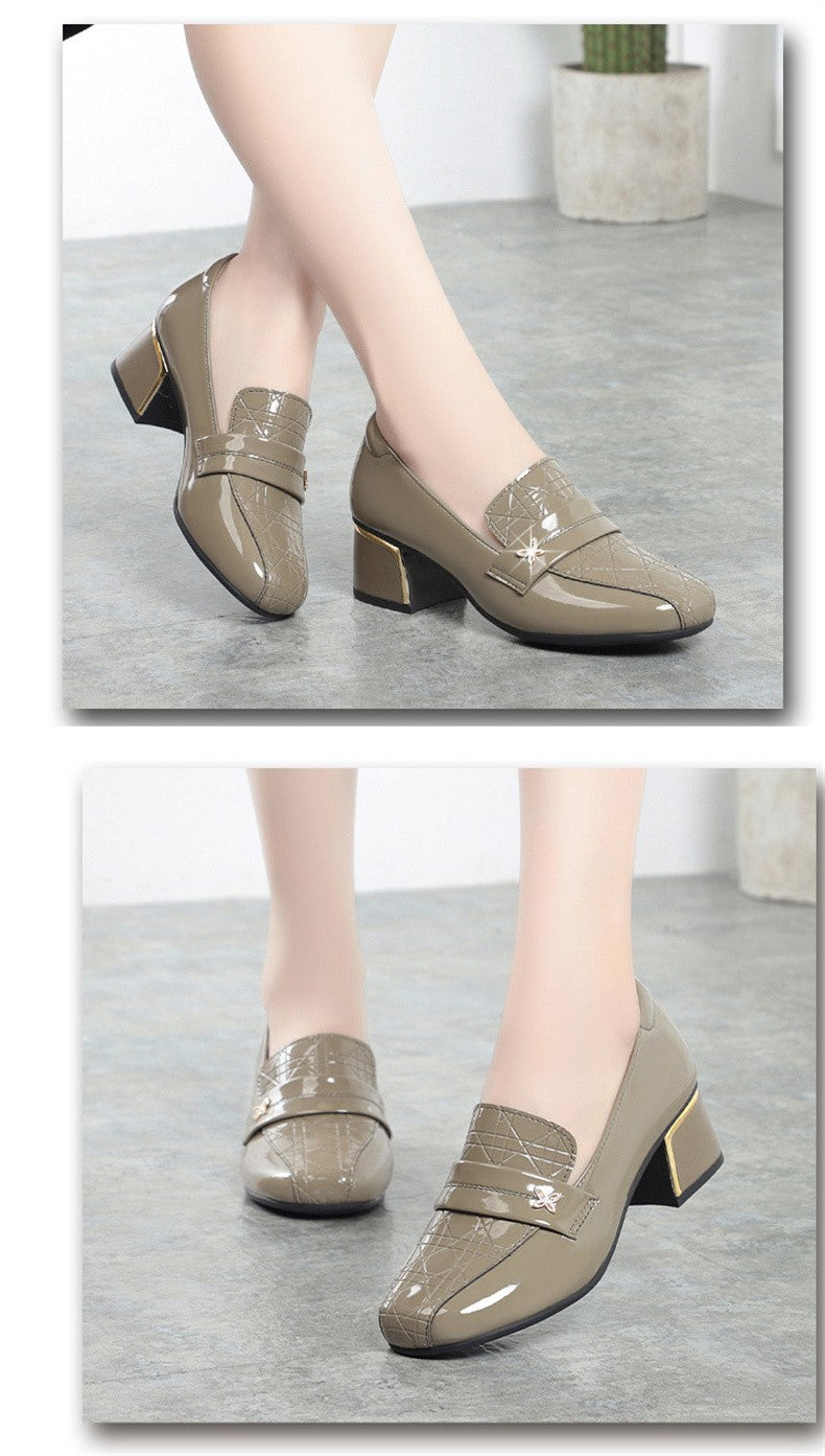 4.5cm British Style Deep Mouth Block Heels Shoes Women Loafers Bright Leather 2024 Spring Soft Leather Shoes for Office Mom