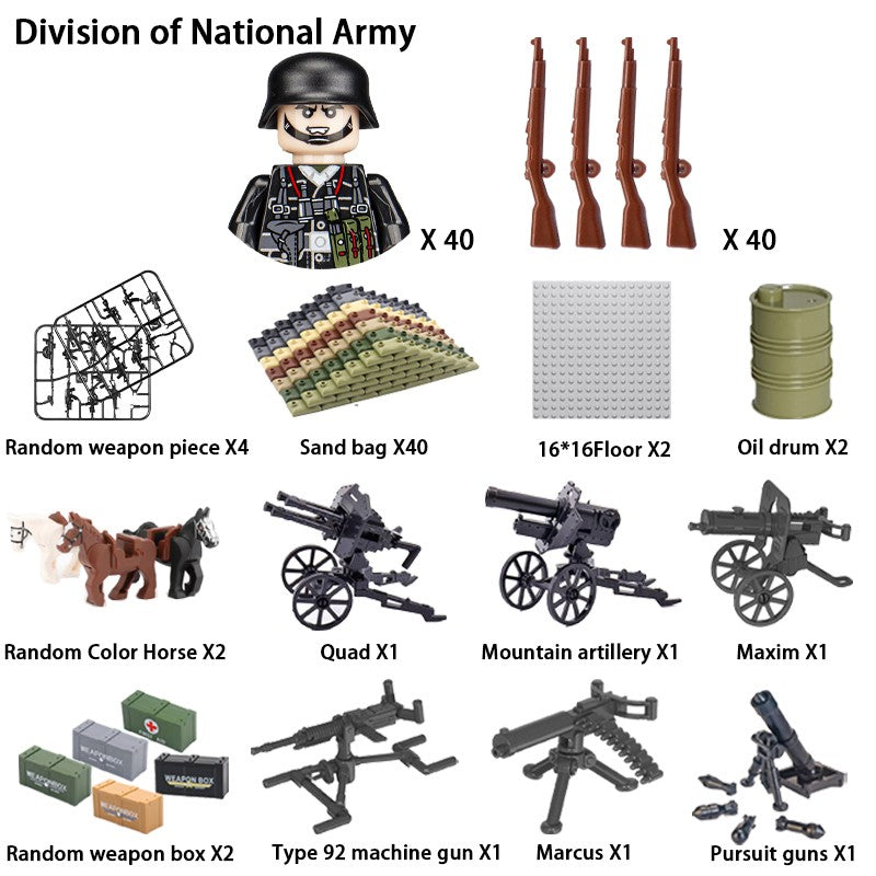 Brinquedos de blocos de montar para crianças: Modelos de Mini Armas de Exército Nacional de Guerra de Soldados de Infantaria da Segunda Guerra Mundial