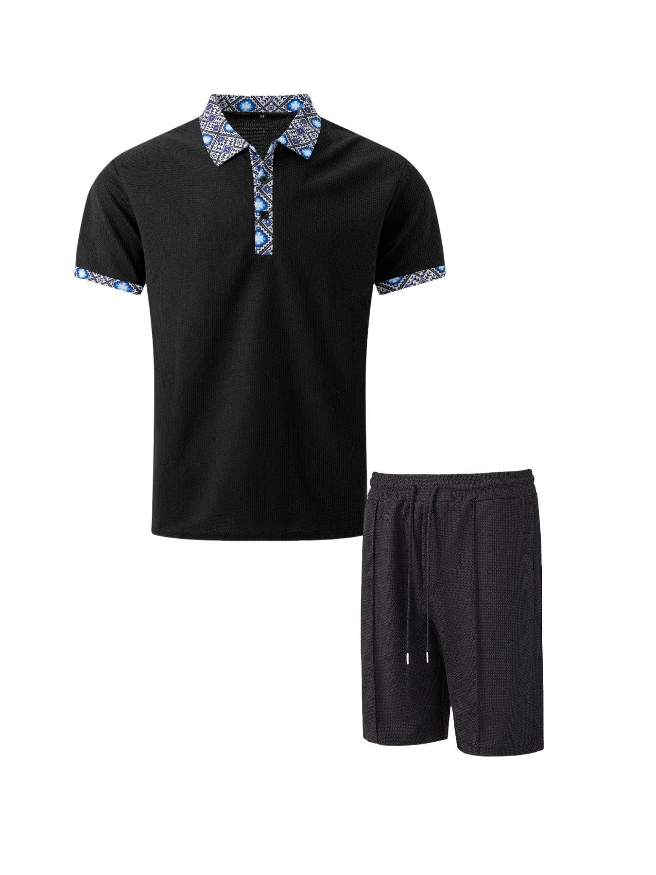 2025 Men Europe and the United States new summer Waffle solid color zip-up lapel short-sleeve suit shorts two sets