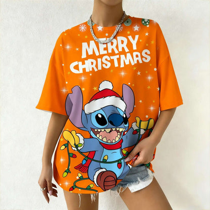 Women's Disney Stitch Christmas Tee Summer Oversized Short Sleeve Top Streetwear Daily Fashion & Trendy Outfits Casual T-Shirt
