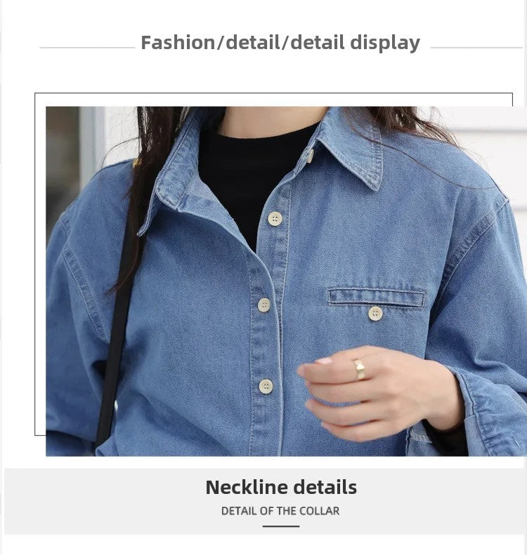 2024 New Vintage Loose-Fit Denim Shirt Women's Petite Top Commuter Jacket Fashionable Through-The-Year Style