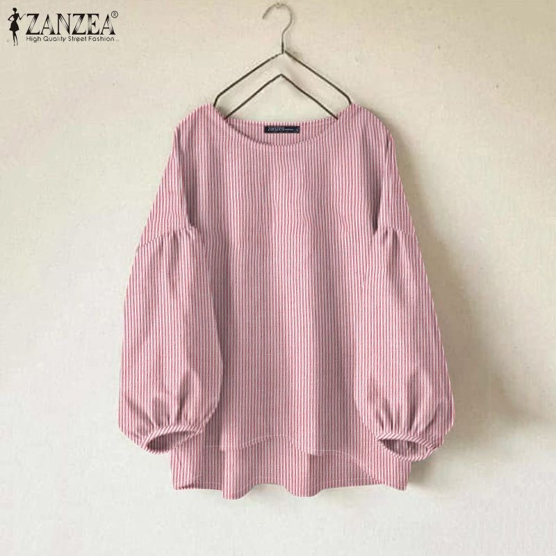 ZANZEA Fashion Striped Work OL Blouse Women Casual O Neck Long Sleeve Loose Shirt Stylish Blusas Vintage Chemise Autumn Tops